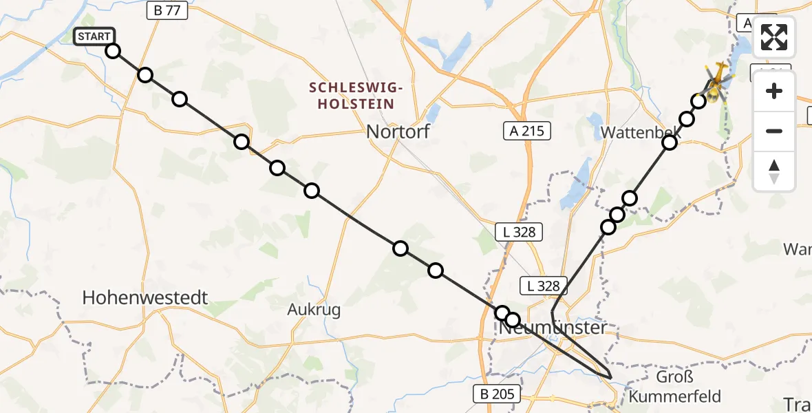 Flugroute Ambulanzhubschrauber Hörsten - Bissee, 19 Juni 2026, 19:35