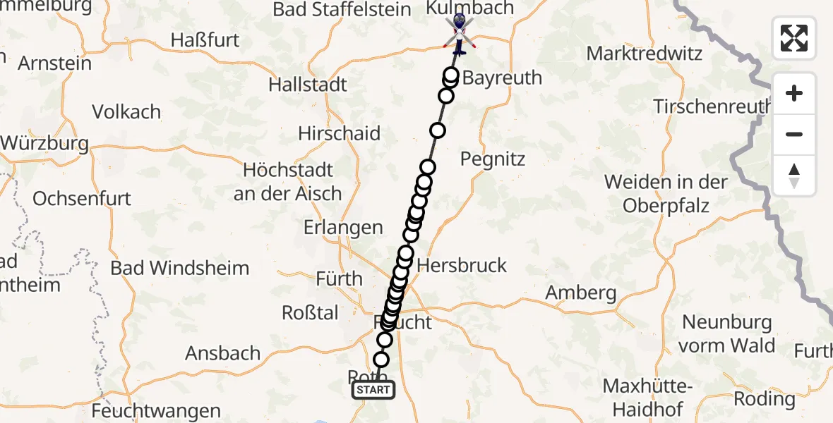 Flugroute Polizeihubschrauber Roth - Thurnau, 19 Juni 2026, 19:36
