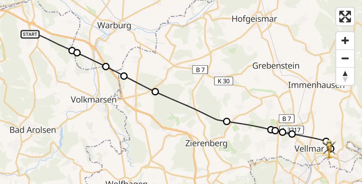 Flugroute Rettungshubschrauber Diemelstadt - Fuldatal Bundespolizei Hubschrauberlandeplatz, 19 Juni 2026, 19:39