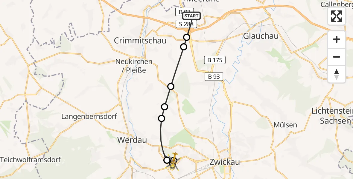 Flugroute Rettungshubschrauber Meerane - ADAC Air Rescue Station Zwickau Hubschrauberlandeplatz, 19 Juni 2026, 19:44