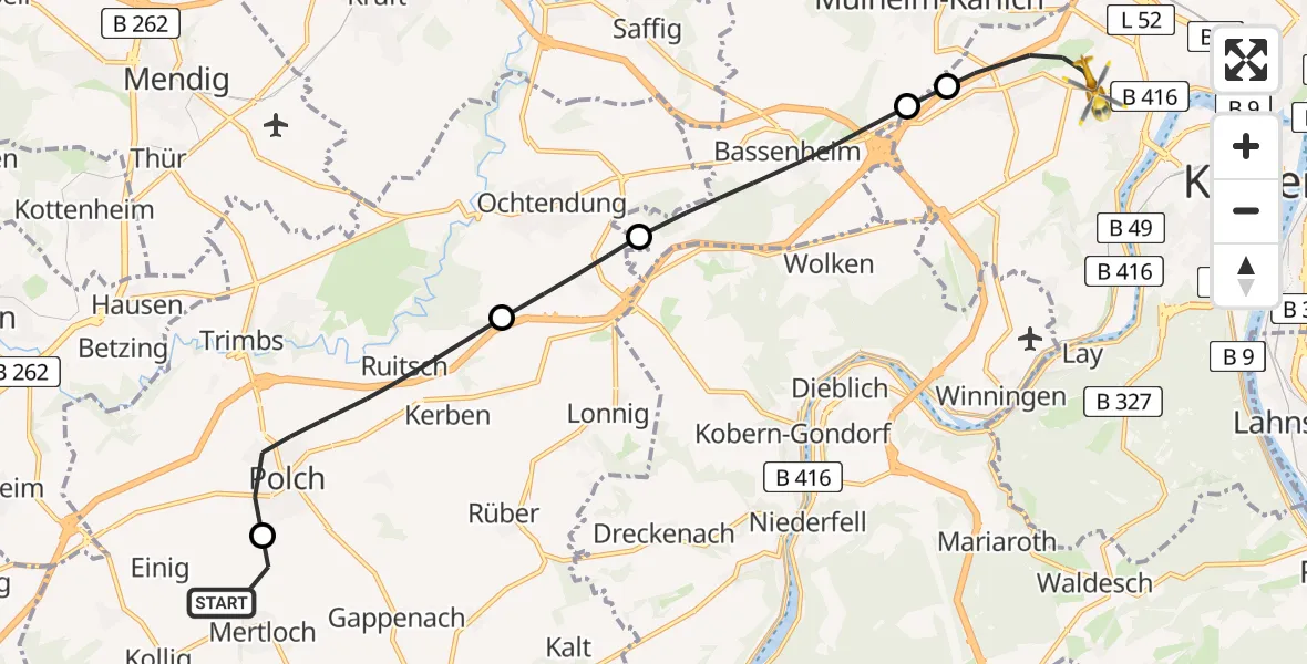 Flugroute Rettungshubschrauber Mertloch - Koblenz, 19 Juni 2026, 19:55