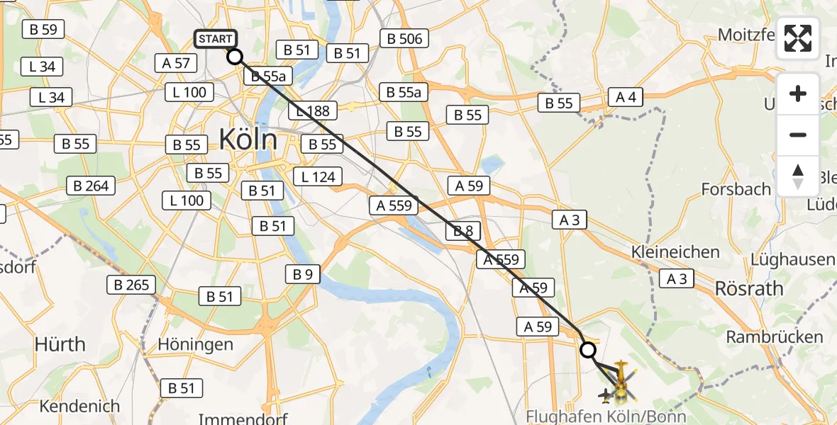 Flugroute Rettungshubschrauber Sankt Vinzenz Hospital - Köln Bonn Flughafen, 19 Juni 2026, 20:03