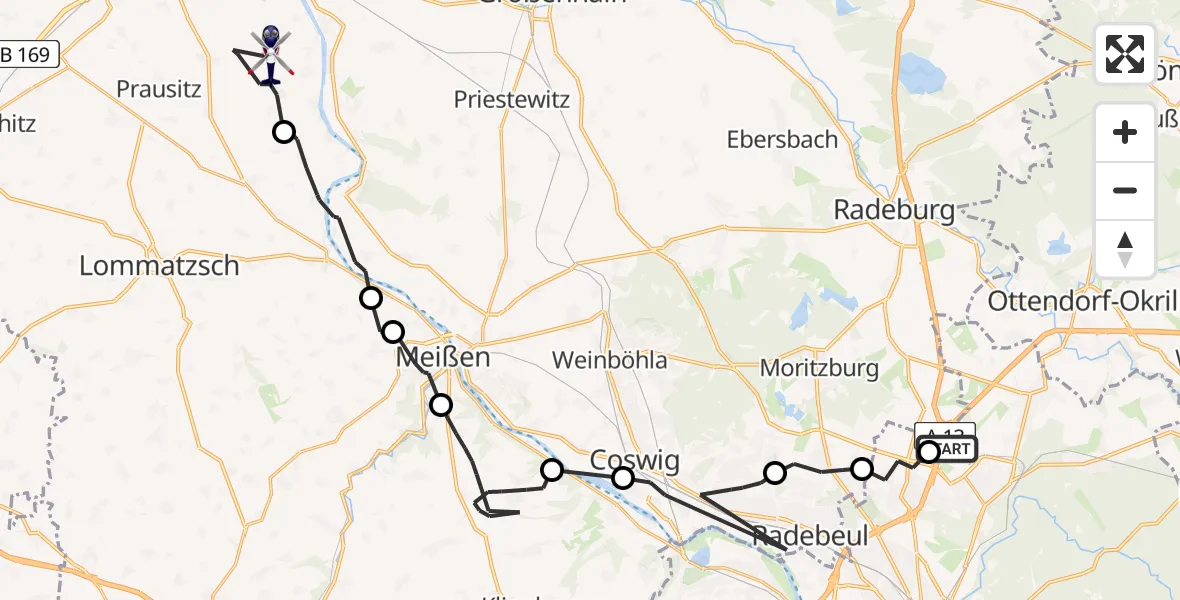Flugroute Polizeihubschrauber Dresden Flughafen - Hirschstein, 19 Juni 2026, 20:13