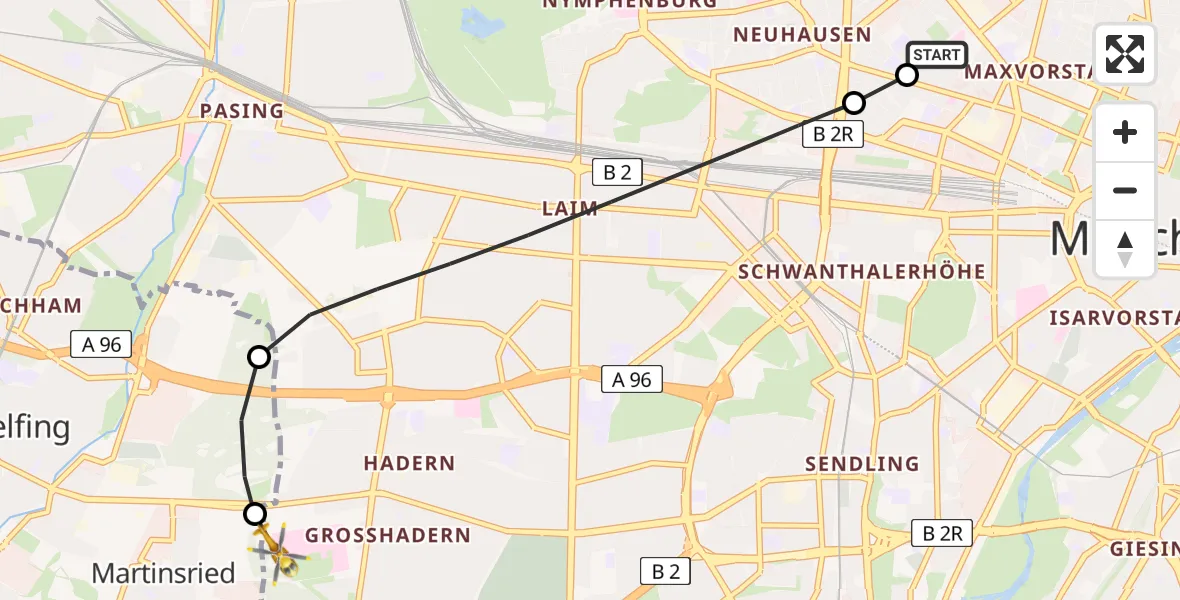Flugroute Rettungshubschrauber Deutsches Herzzentrum München - DRF Air Rescue München Hubschrauberlandeplatz, 19 Juni 2026, 20:18