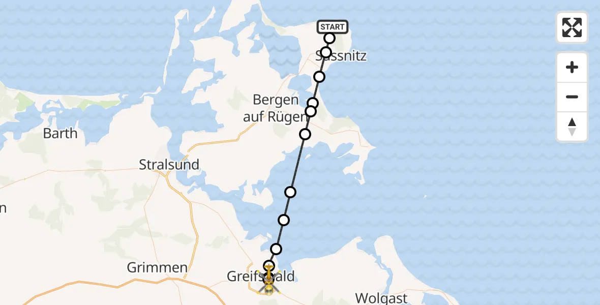 Flugroute Rettungshubschrauber Lohme - Greifswald Hospital, 19 Juni 2026, 20:21