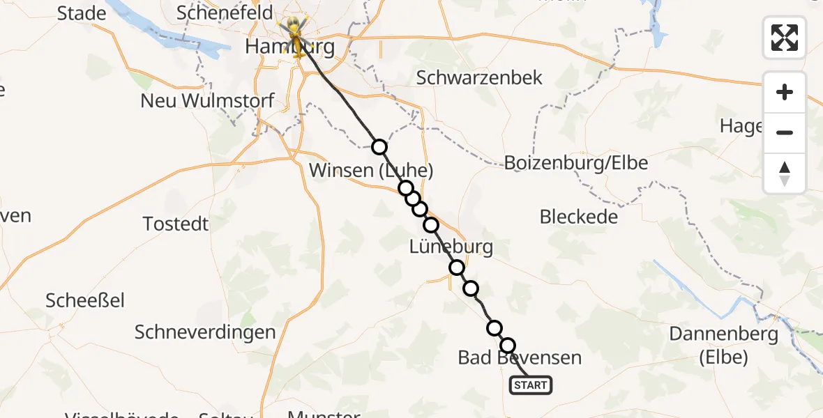 Flugroute Rettungshubschrauber Bad Bevensen - Hamburg, 19 Juni 2026, 20:30