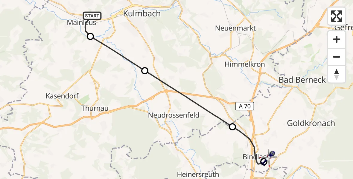 Flugroute Polizeihubschrauber Mainleus - Bayreuth Flughafen, 19 Juni 2026, 20:57