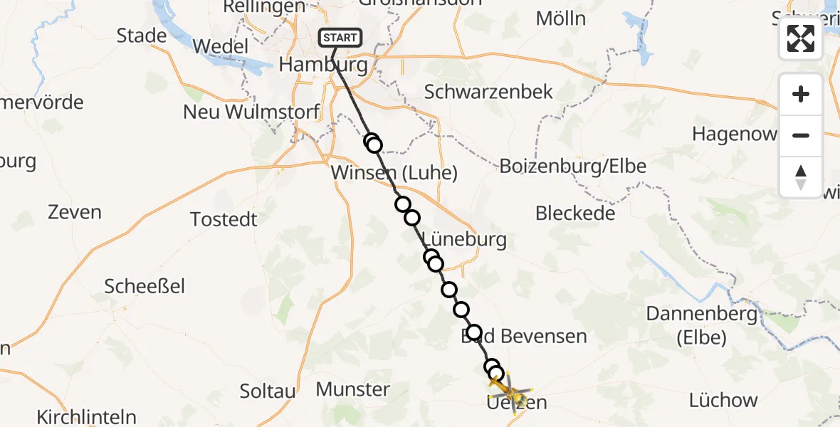 Flugroute Rettungshubschrauber Hamburg - Uelzen, 19 Juni 2026, 21:14