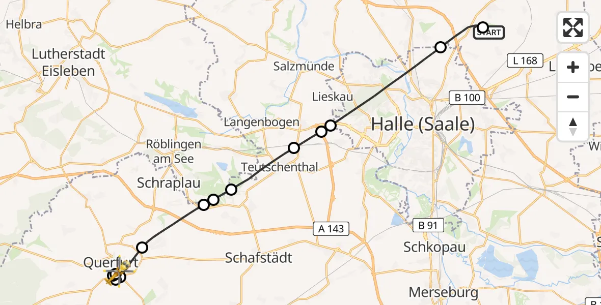 Flugroute Rettungshubschrauber Halle-Oppin Flugplatz - Carl von Basedow Saalekreis Hospital Querfurt, 19 Juni 2026, 21:27