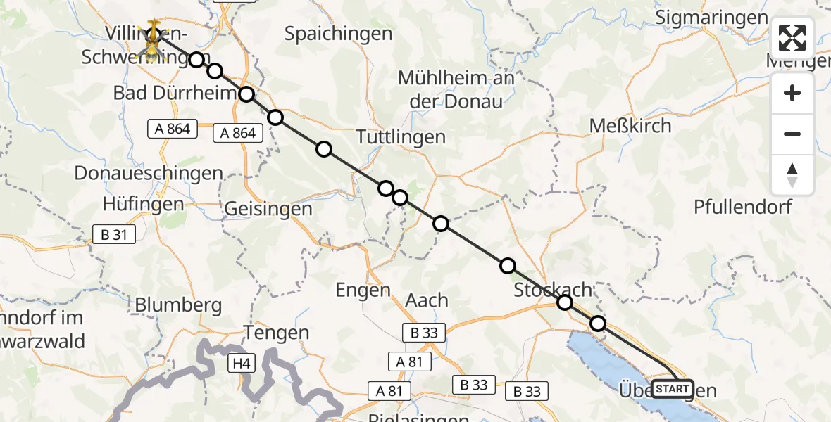 Flugroute Ambulanzhubschrauber Überlingen - DRF Air Rescue Station Villingen-Schwenningen Hubschrauberlandeplatz (Christoph 11), 19 Juni 2026, 22:15
