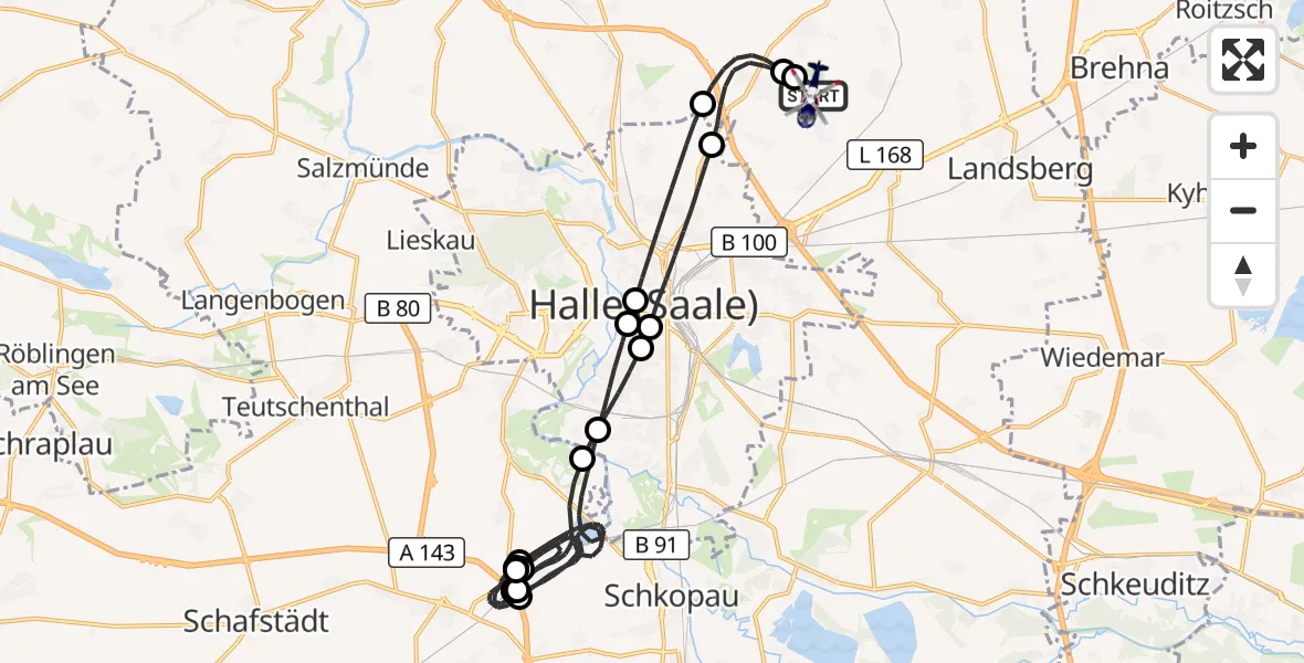 Flugroute Polizeihubschrauber Halle-Oppin Flugplatz - Halle-Oppin Flugplatz, 19 Juni 2026, 22:48