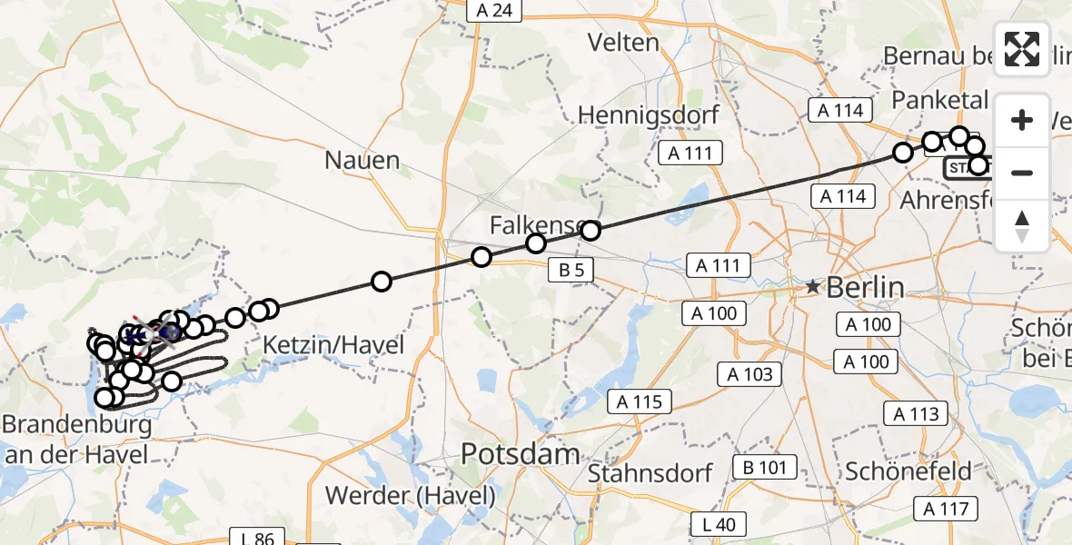 Flugroute Polizeihubschrauber Ahrensfelde Hubschrauberlandeplatz - Roskow, 19 Juni 2026, 22:52