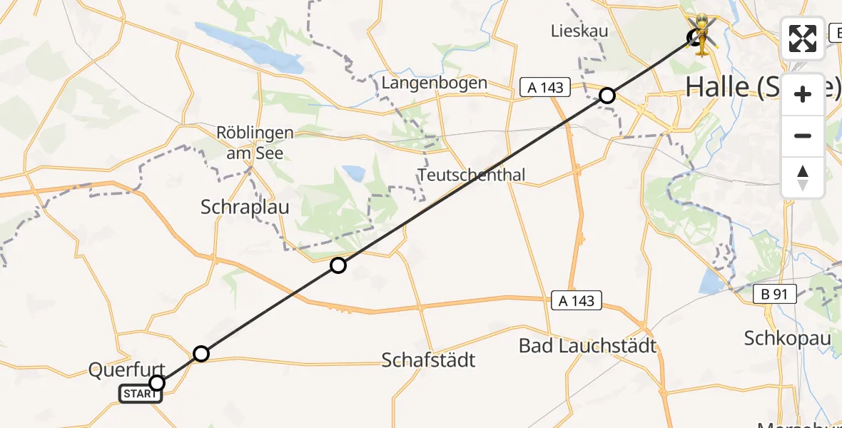 Flugroute Rettungshubschrauber Carl von Basedow Saalekreis Hospital Querfurt - Halle (Saale) University Hospital, 19 Juni 2026, 23:02