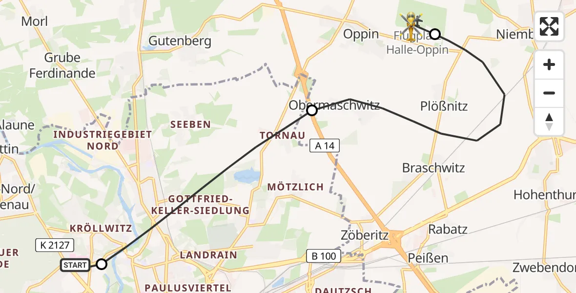 Flugroute Rettungshubschrauber Halle (Saale) University Hospital - Halle-Oppin Flugplatz, 19 Juni 2026, 23:52
