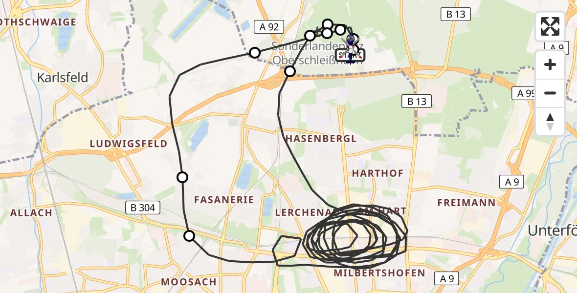 Flugroute Polizeihubschrauber Oberschleißheim - Oberschleißheim, 20 Juni 2026, 00:13