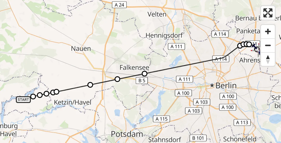 Flugroute Polizeihubschrauber Beetzseeheide - Ahrensfelde Hubschrauberlandeplatz, 20 Juni 2026, 00:20