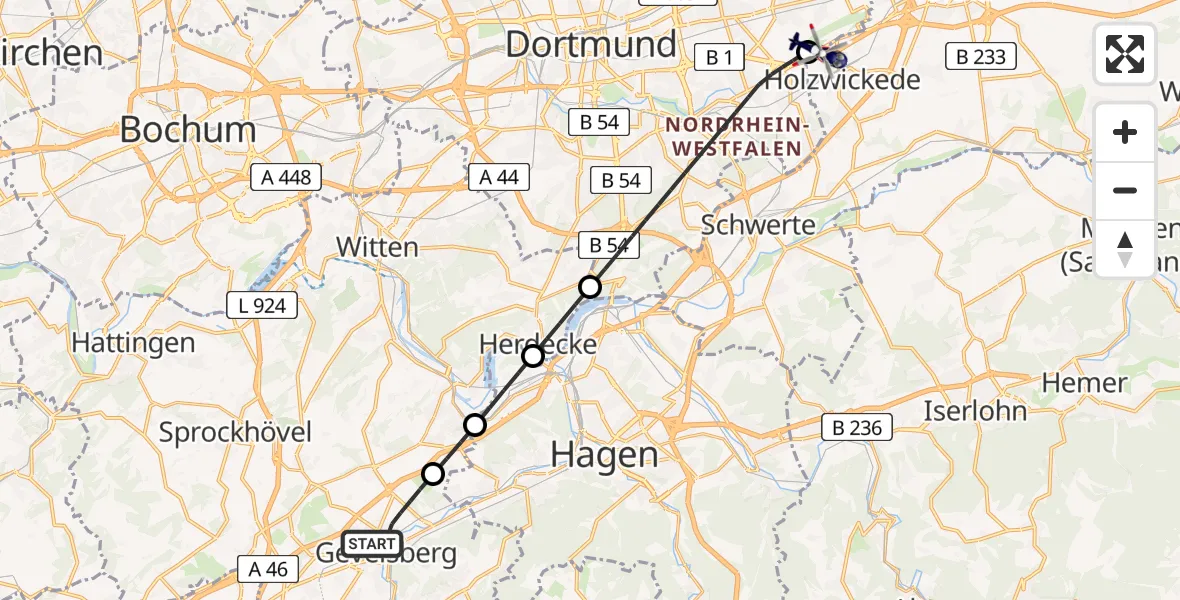 Flugroute Polizeihubschrauber Gevelsberg - Dortmund Flughafen, 20 Juni 2026, 00:52
