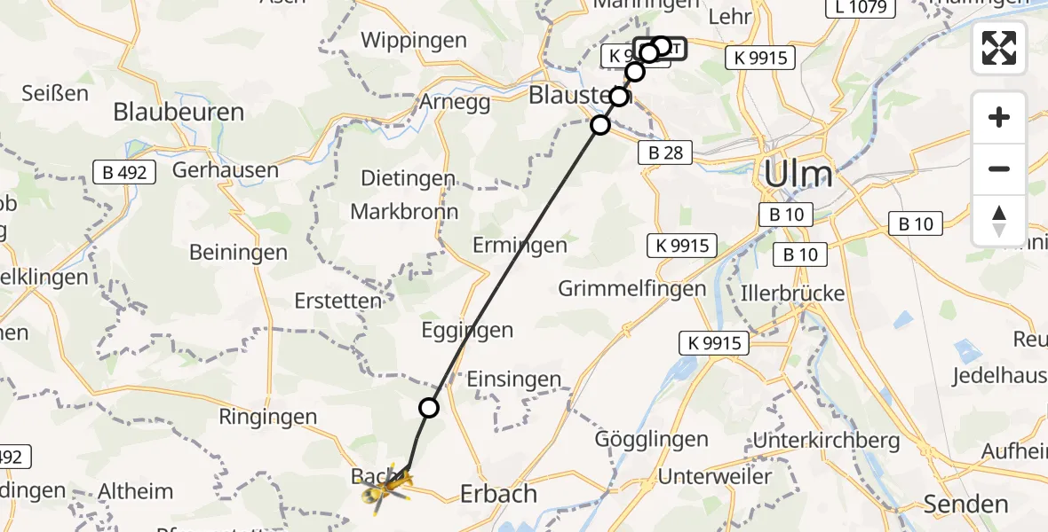 Flugroute Rettungshubschrauber Ulm Military Hospital Emergency - Erbach, 20 Juni 2026, 05:04