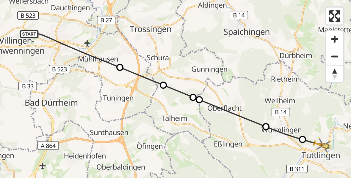 Flugroute Ambulanzhubschrauber Villingen-Schwenningen - Tuttlingen, 20 Juni 2026, 05:32
