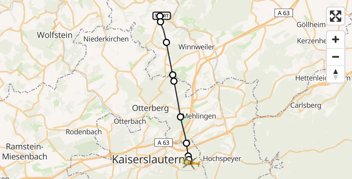 Flugroute Rettungshubschrauber Imsweiler UL - Kaiserslautern, 20 Juni 2026, 05:51