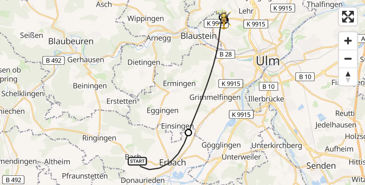Flugroute Rettungshubschrauber Erbach - ADAC Air Rescue Station Ulm (Christoph 22), 20 Juni 2026, 05:54