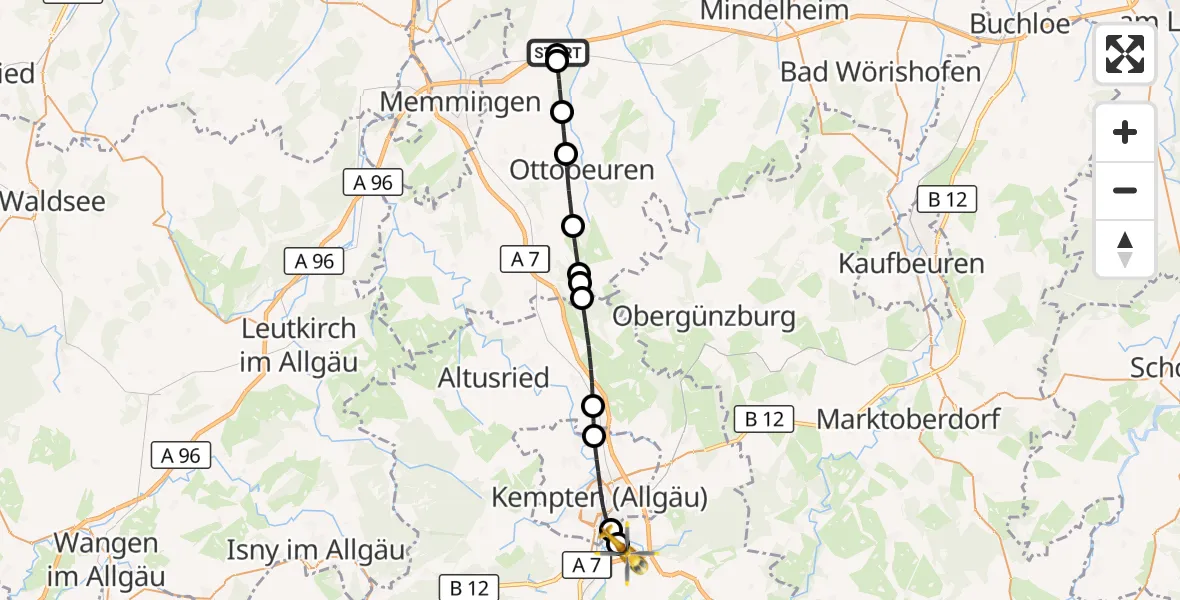 Flugroute Rettungshubschrauber Westerheim - Kempten-Durach Flugplatz, 20 Juni 2026, 05:58