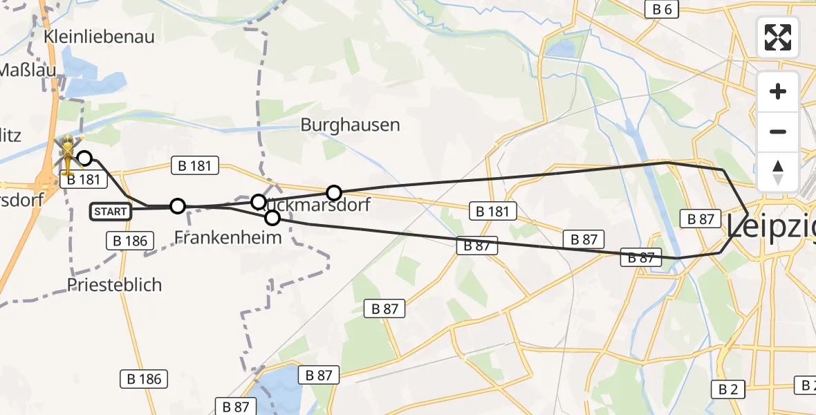 Flugroute Rettungshubschrauber Schkeuditz - ADAC Air Rescue Station Leipzig/Schkeuditz-Dölzig Hubschrauberlandeplatz (Christoph 61), 20 Juni 2026, 06:15