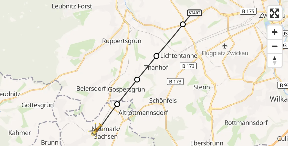 Flugroute Rettungshubschrauber ADAC Air Rescue Station Zwickau Hubschrauberlandeplatz - Neumark, 20 Juni 2026, 06:28