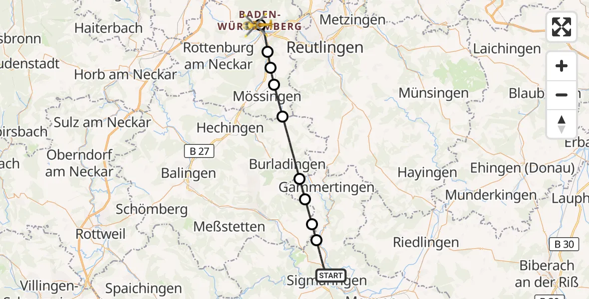 Flugroute Rettungshubschrauber Sigmaringen - Tübingen University Hospital, 20 Juni 2026, 06:40