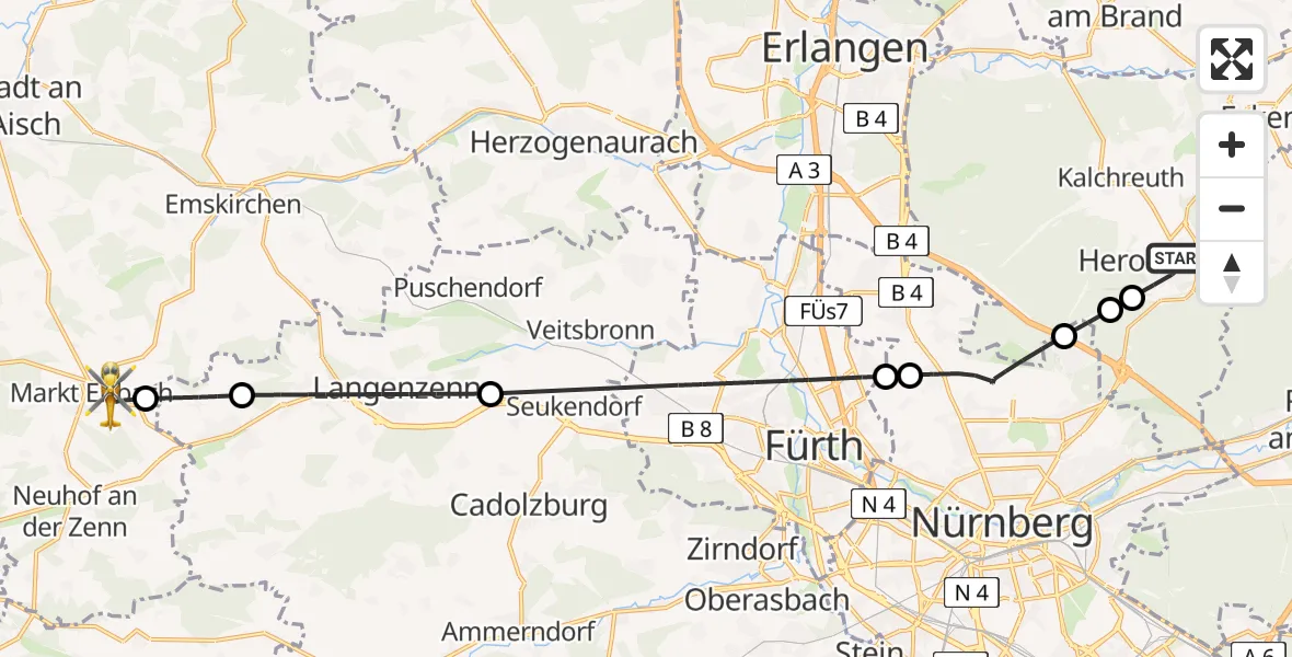 Flugroute Rettungshubschrauber Heroldsberg - Markt Erlbach, 20 Juni 2026, 06:45