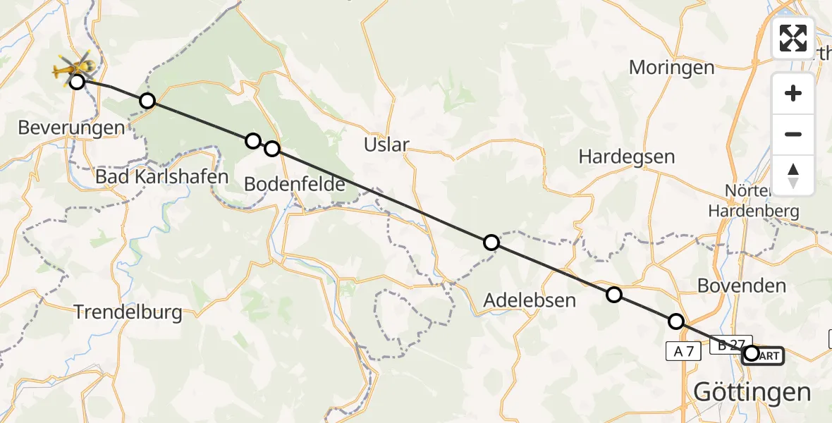 Flugroute Rettungshubschrauber Göttingen University Clinic Hubschrauberlandeplatz - Beverungen, 20 Juni 2026, 06:47