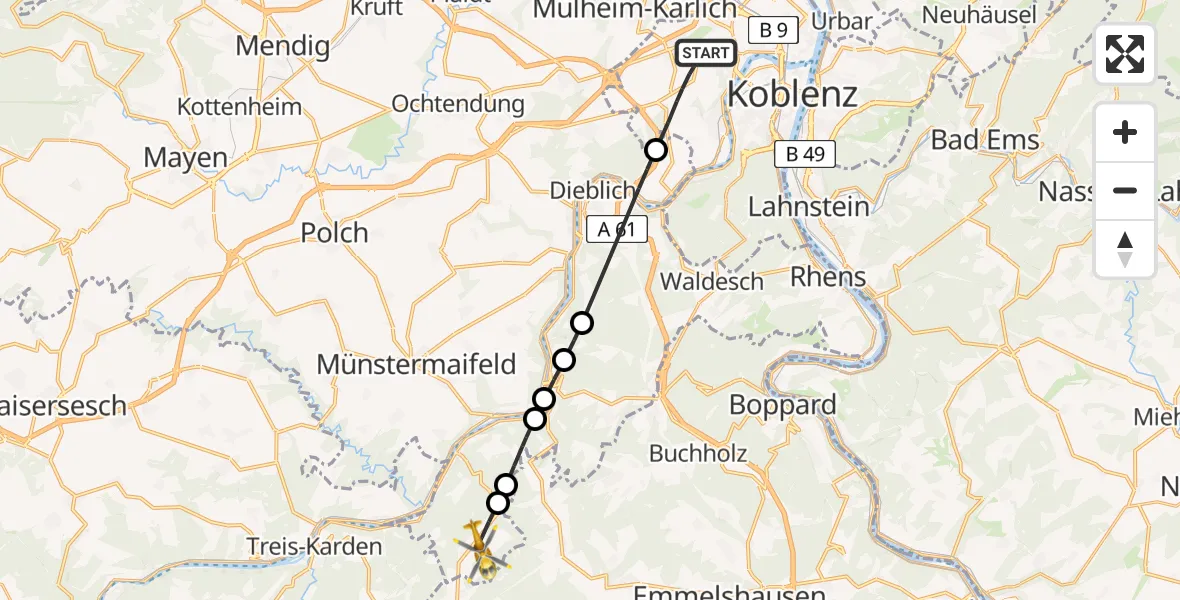 Flugroute Rettungshubschrauber Koblenz - Macken, 20 Juni 2026, 06:51