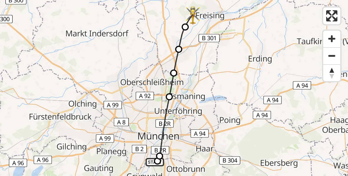 Flugroute Rettungshubschrauber ADAC Air Rescue Center Hubschrauberlandeplatz (Christoph 1) - Freising, 20 Juni 2026, 06:55