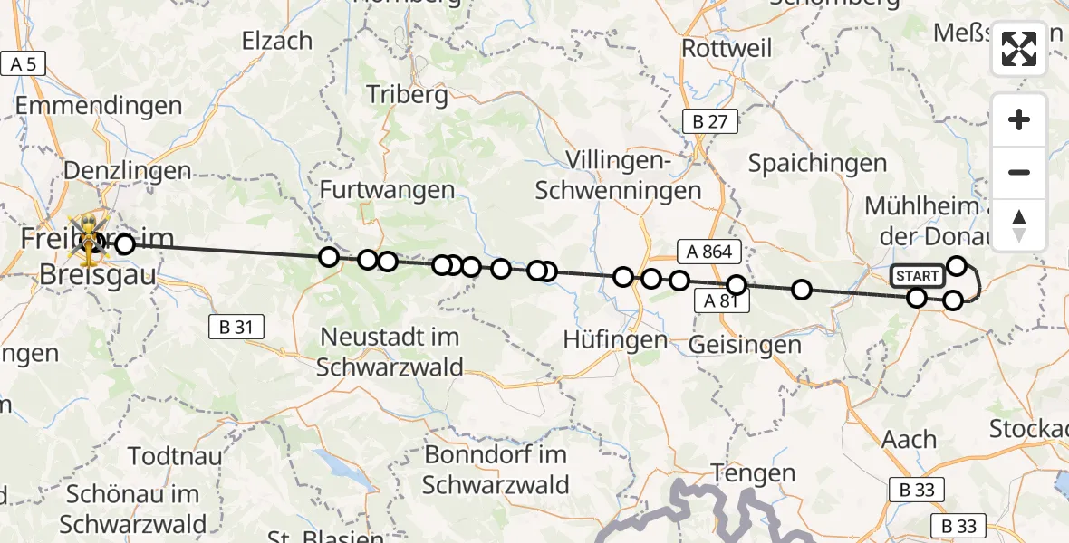 Flugroute Ambulanzhubschrauber Tuttlingen - Freiburg University Hospital Heliport 1, 20 Juni 2026, 07:00