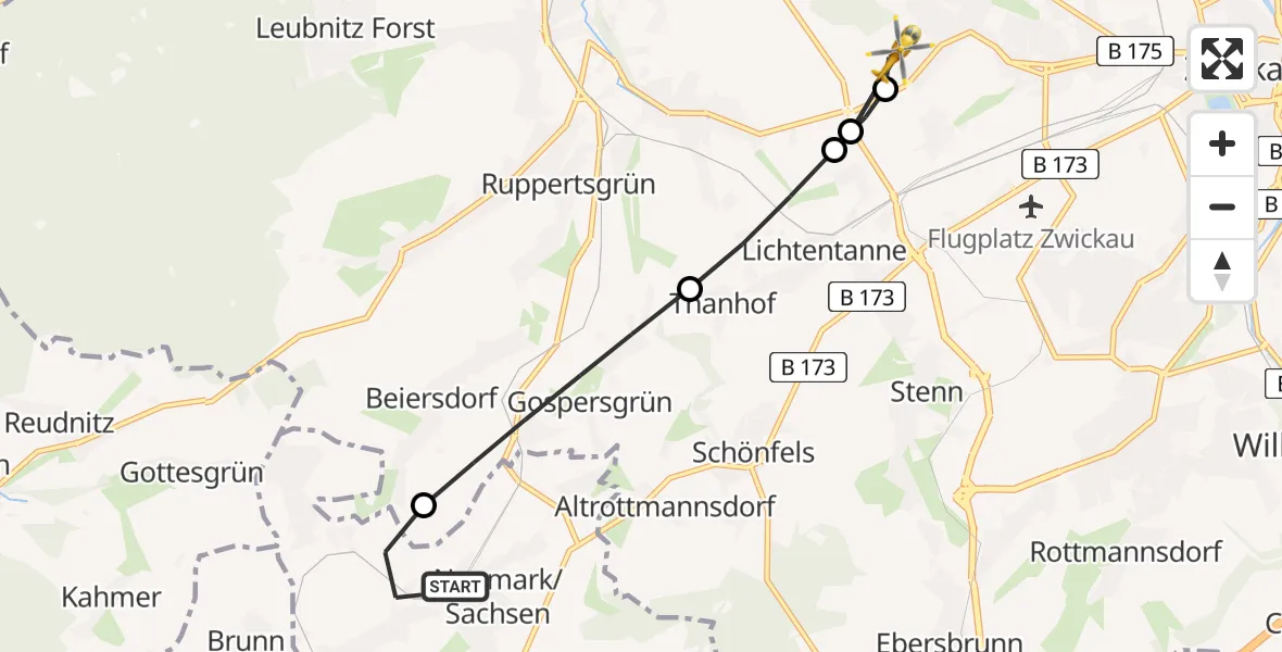 Flugroute Rettungshubschrauber Neumark - ADAC Air Rescue Station Zwickau Hubschrauberlandeplatz, 20 Juni 2026, 07:02