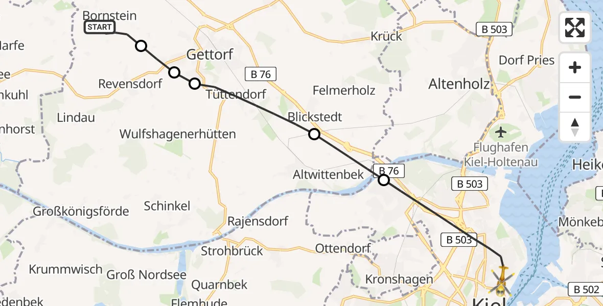 Flugroute Ambulanzhubschrauber Neudorf-Bornstein - Kiel, 20 Juni 2026, 07:03
