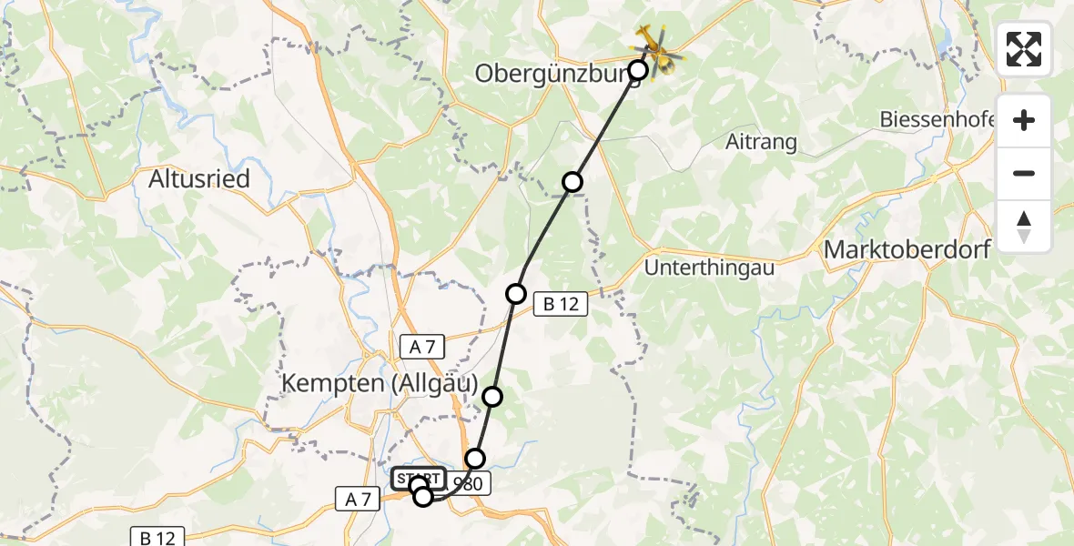 Flugroute Rettungshubschrauber Kempten-Durach Flugplatz - Obergünzburg, 20 Juni 2026, 07:12