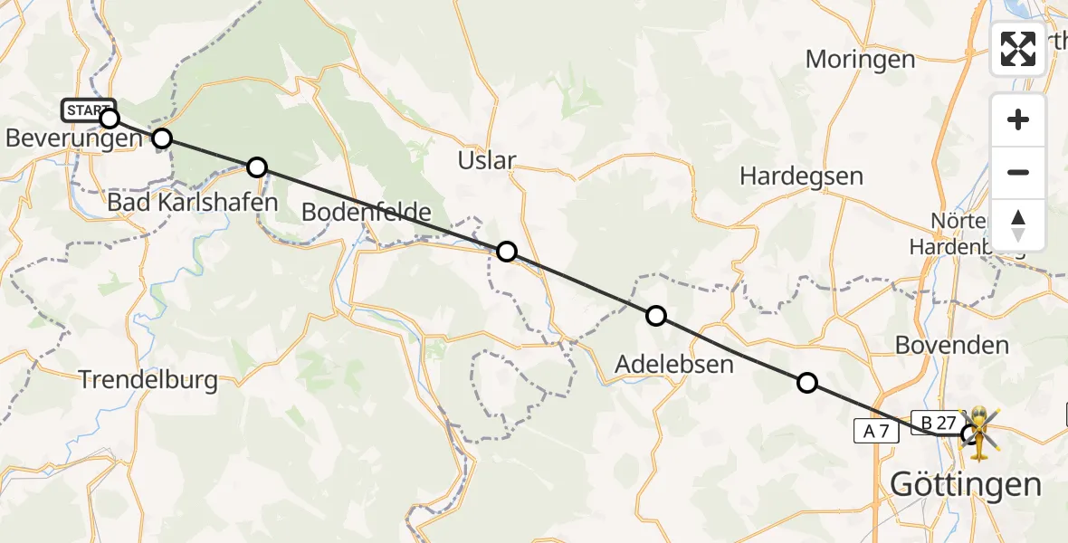 Flugroute Rettungshubschrauber Beverungen - Göttingen University Clinic Hubschrauberlandeplatz, 20 Juni 2026, 07:19