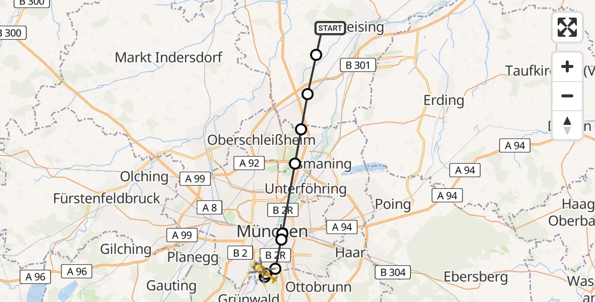 Flugroute Rettungshubschrauber Freising - ADAC Air Rescue Center Hubschrauberlandeplatz (Christoph 1), 20 Juni 2026, 07:25