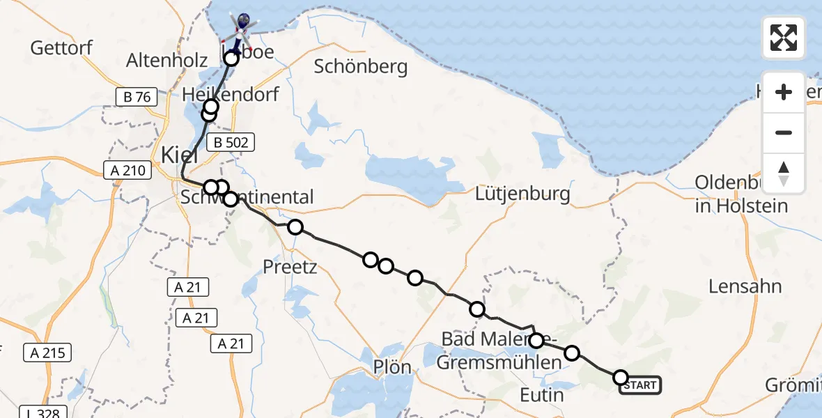 Flugroute Polizeihubschrauber Altenkrempe - Laboe, 20 Juni 2026, 07:24