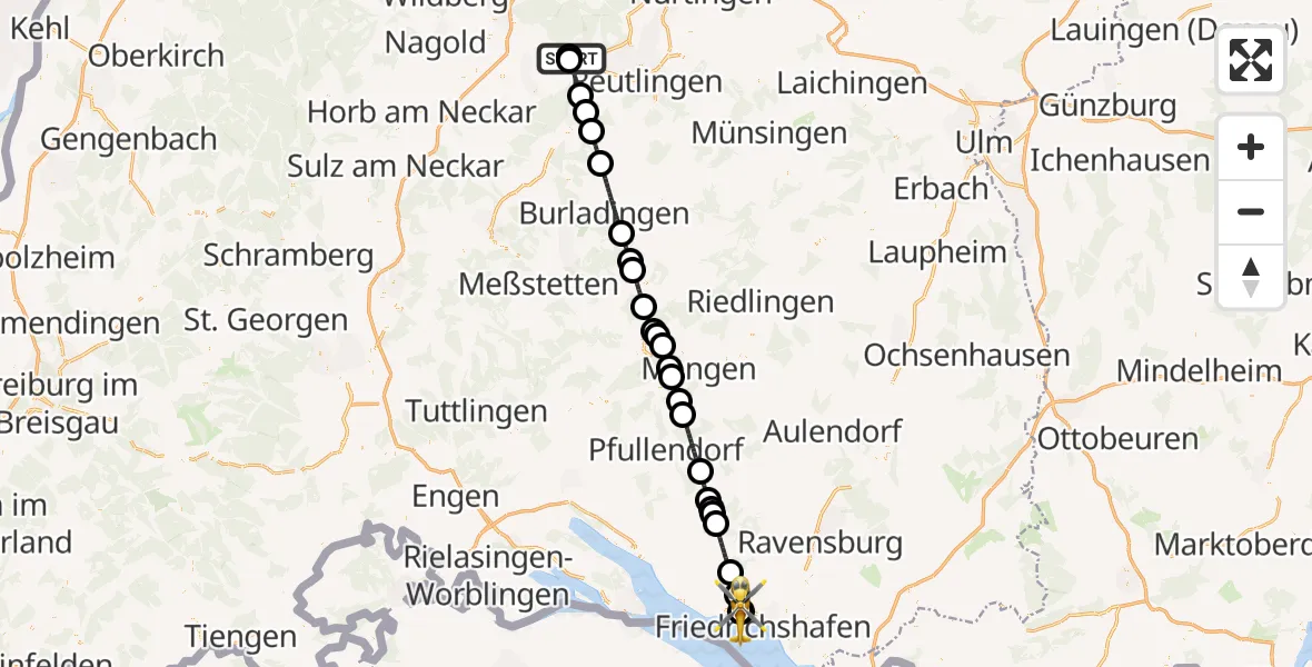 Flugroute Rettungshubschrauber Tübingen University Hospital - Friedrichshafen Hospital, 20 Juni 2026, 07:26