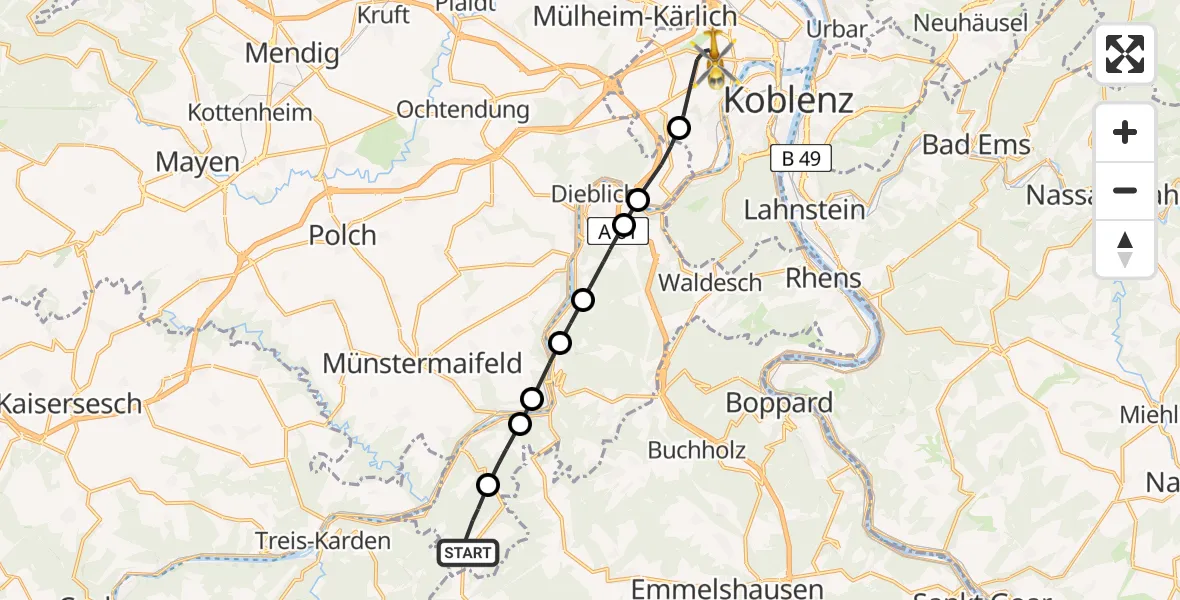 Flugroute Rettungshubschrauber Macken - Koblenz, 20 Juni 2026, 07:31