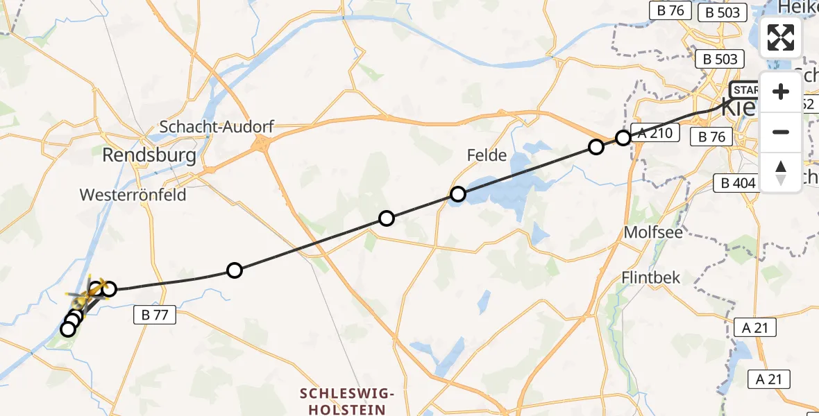 Flugroute Ambulanzhubschrauber Kiel - Schülp b.Rendsburg, 20 Juni 2026, 07:38