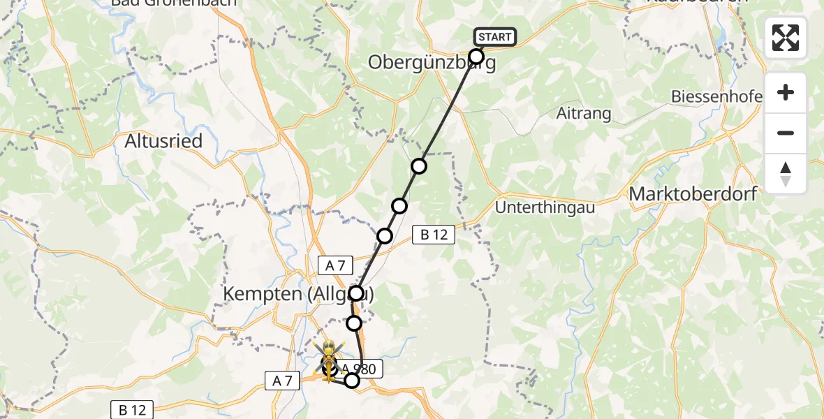 Flugroute Rettungshubschrauber Obergünzburg - Kempten-Durach Flugplatz, 20 Juni 2026, 07:41