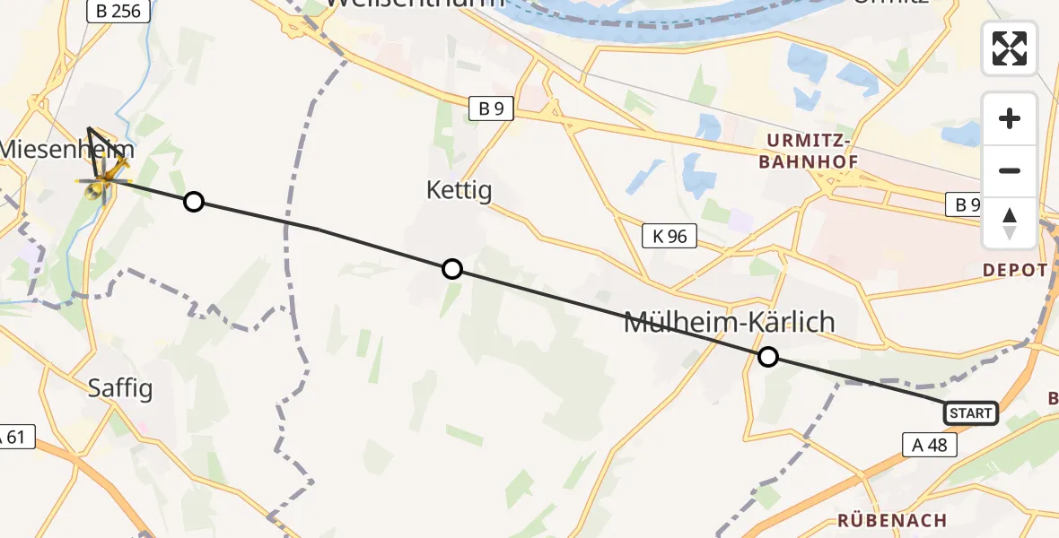 Flugroute Rettungshubschrauber Koblenz - Andernach, 20 Juni 2026, 07:55