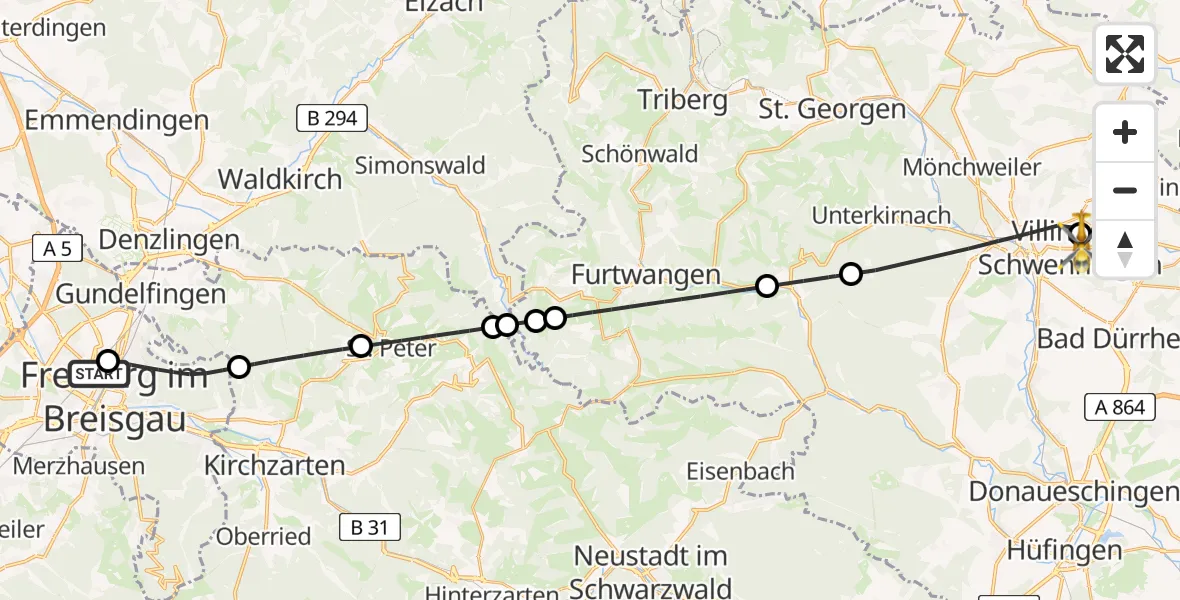 Flugroute Ambulanzhubschrauber Freiburg University Hospital Heliport 1 - DRF Air Rescue Station Villingen-Schwenningen Hubschrauberlandeplatz (Christoph 11), 20 Juni 2026, 08:11