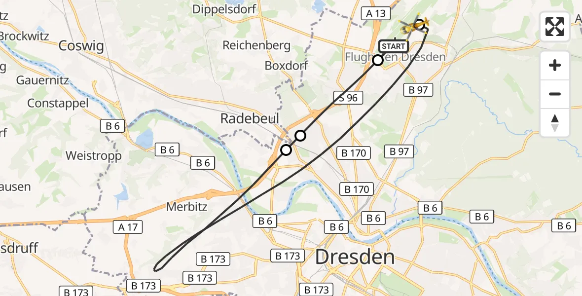 Flugroute Rettungshubschrauber Dresden Flughafen - Dresden Bundespolizei Hubschrauberlandeplatz, 20 Juni 2026, 08:15