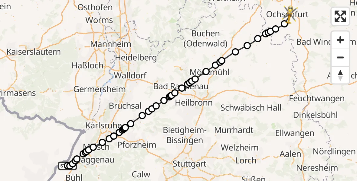 Flugroute Rettungshubschrauber Karlsruhe Baden-Baden Flughafen - Ochsenfurt Hospital, 20 Juni 2026, 08:15