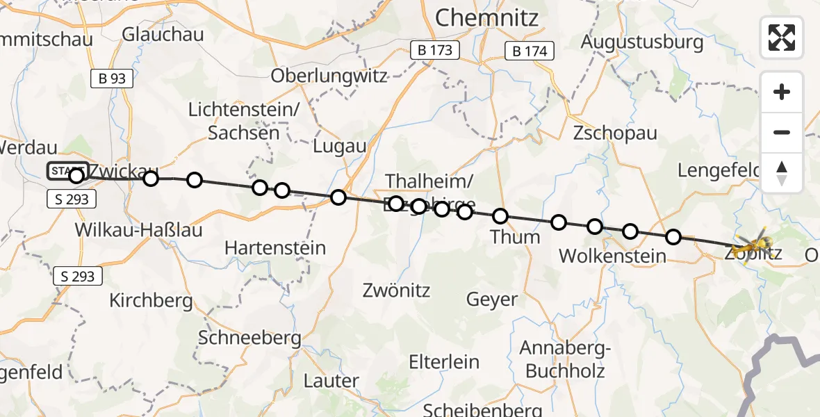 Flugroute Rettungshubschrauber ADAC Air Rescue Station Zwickau Hubschrauberlandeplatz - Marienberg, 20 Juni 2026, 08:22