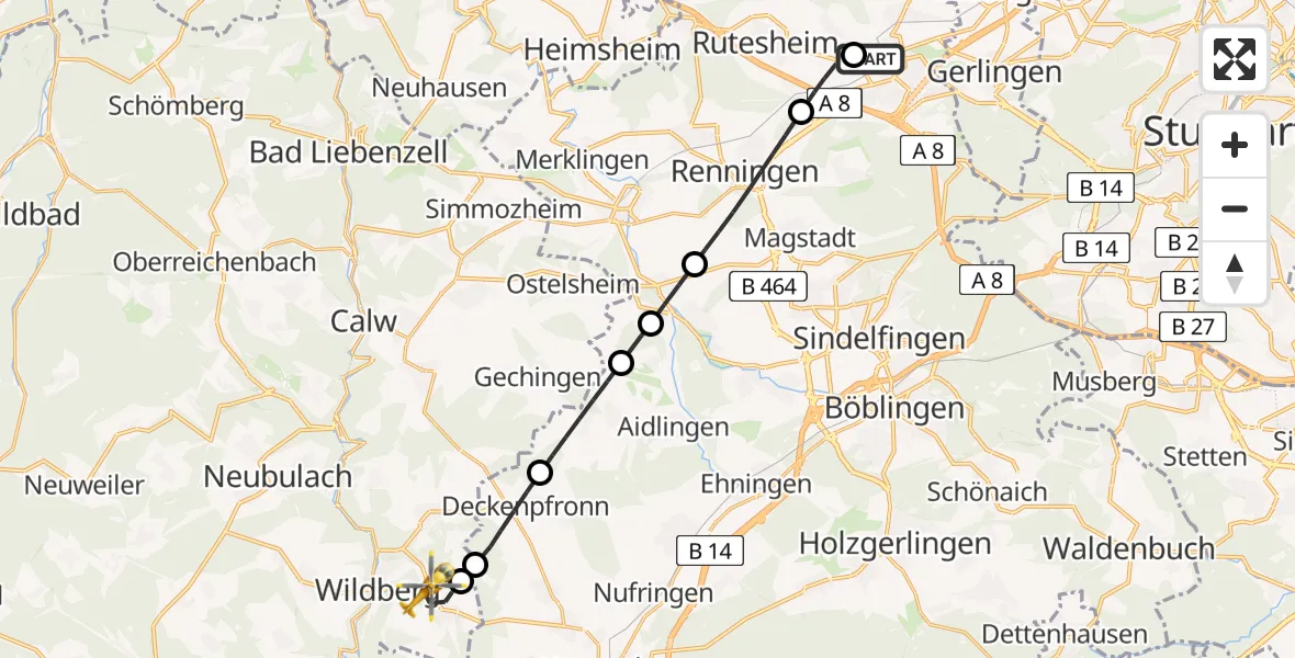 Flugroute Rettungshubschrauber Leonberg Hospital - Wildberg, 20 Juni 2026, 08:28